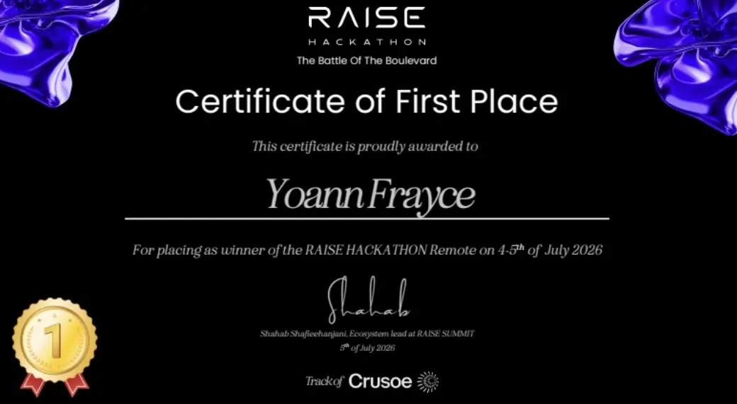 The RAISE Hackathon Certificate of First Place, awarded to Yoann Frayce for placing as winner of the RAISE Hackathon Remote on 4–5 July 2026, Track of Crusoe, signed by the RAISE Summit ecosystem lead.