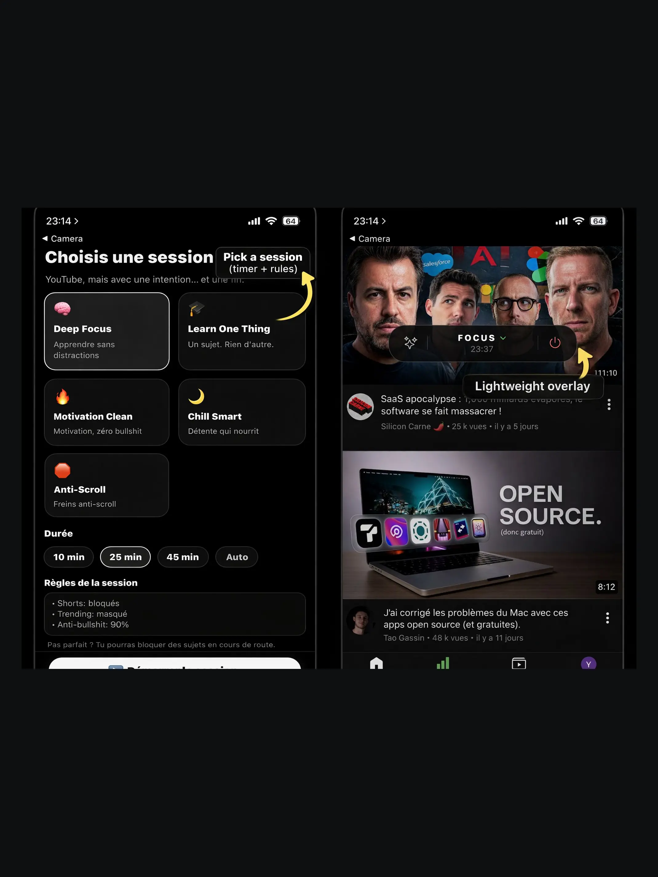 Two phone screens side by side. On the left, the session picker: five named intents — deep focus, learn one thing, motivation, chill, anti-scroll — with a duration and the session rules applied. On the right, the YouTube feed reordered in place under a small floating session pill showing the time remaining.
